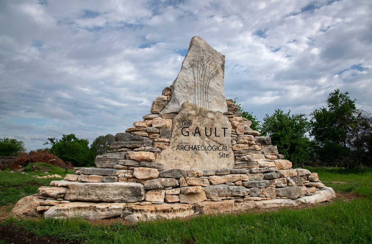 Photo of the recently installed stone sign at the Gault Site