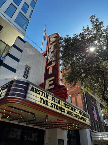 Photo of the State Theater marquee during the premier of The Stones are Speaking